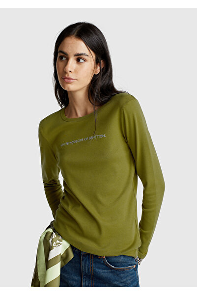 United Colors of Benetton Γυναικείο μακρυμάνικο μπλουζάκι με λαιμόκοψη Benetton Written 100% Cotton