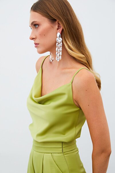 Sateen Flounce Collar Satin Blouse - Oil Green