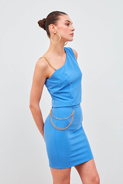 Sateen Zincir Aksesuarlı Mini Etek - Sax Mavi