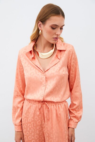 Sateen Patterned Satin Shirt - Salmon