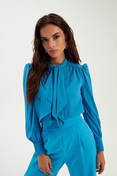 Sateen Scarf Collar Casual Blouse - Blue