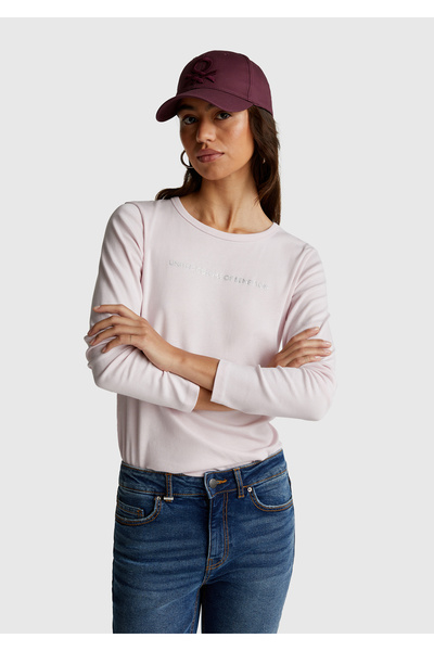 United Colors of Benetton Women's Light Pink 100% Cotton Crew Neck Benetton Written Long Sleeve T-Shirt