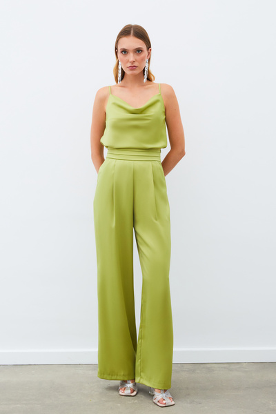 Sateen Loose Satin Trousers with Pockets - Oil Green
