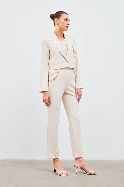 Sateen Pants with Chain Accessories - Beige