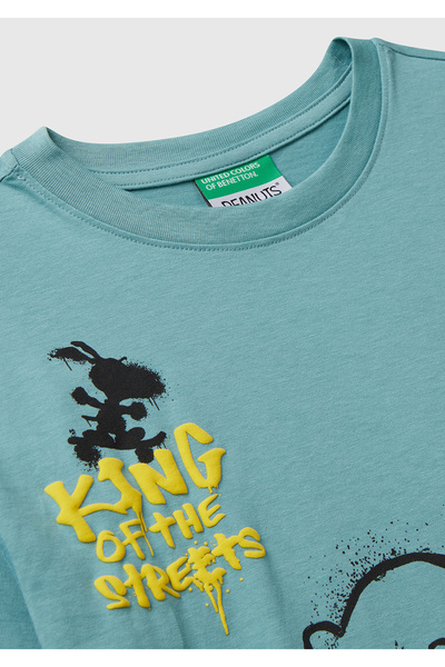 United Colors of Benetton Boy's Grey-Green Multicolor Peanuts Printed Sleeve Logo Label Comfort Fit T-Shirt