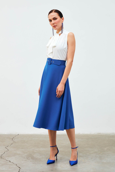 Sateen Kemerli Kloş Etek - İndigo