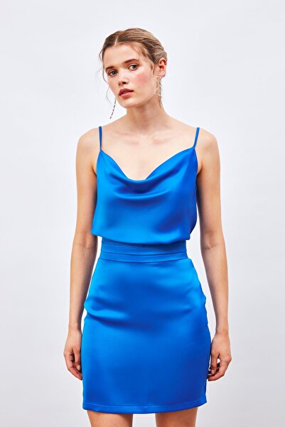 Sateen Bel Detaylı Mini Saten Etek - SAX MAVİ