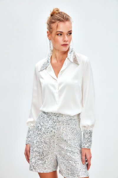 Sateen Cămașă din satin cu paiete - Ecru