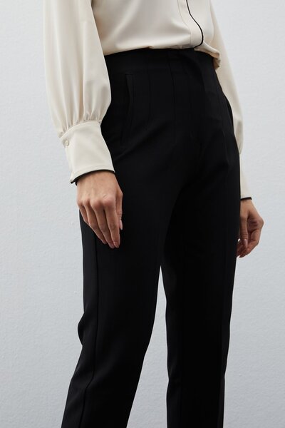 Sateen Yüksek Bel Pensli Pantolon - SİYAH