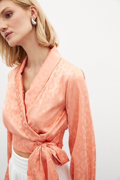 Sateen Yan Kuşaklı Saten Bluz - Somon