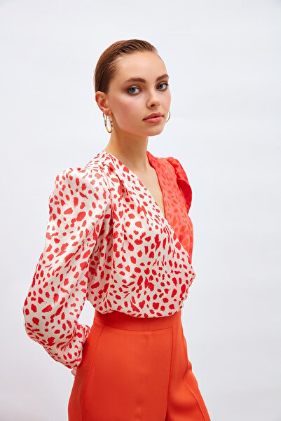 Sateen Double-Breasted Patterned Bodysuit - Coral-Red