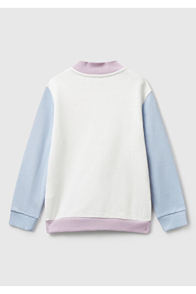 United Colors of Benetton Girl's Lilac-Ecru Glitter Logo Printed Zippered Ribbed Regular Fit Sweatshirt