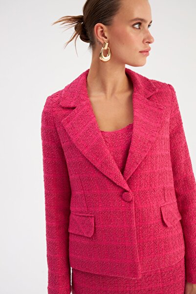 Sateen Μπουφάν Tweed με κουμπιά - Φούξια