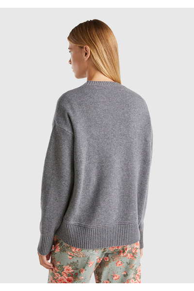 United Colors of Benetton Women's Anthracite Melange Wool Blended Wide Crew Neck Sweater