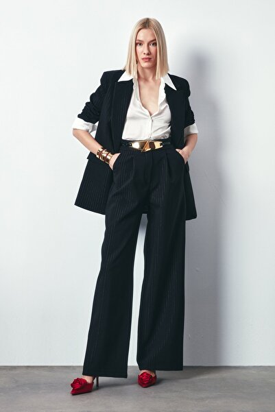 Sateen Parlak Çizgili Pantolon - SİYAH