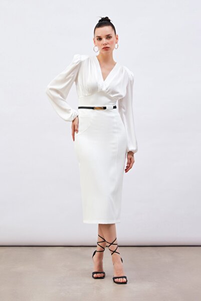 Sateen Kruvaze Saten Bluz - Ekru