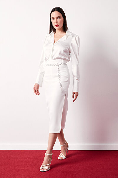 Sateen Gümüş Zincirli Kalem Etek - Ekru