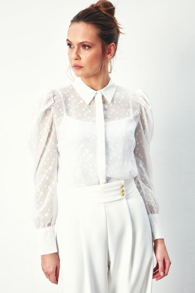 Sateen Puantiye Dokulu Gömlek - Ekru