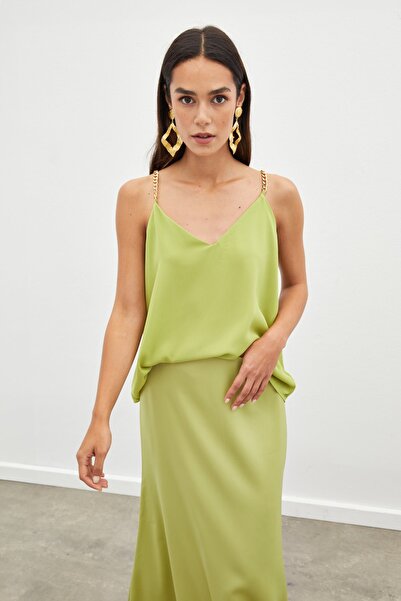 Sateen Chain Strap Loose Blouse - Oil Green