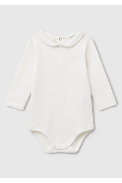 United Colors of Benetton Bebek Ekru Önü Logo İşlemeli Çıtçıtlı Bebek Yaka Uzun Kollu Body