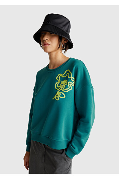 United Colors of Benetton Γυναικείο φούτερ σε σκούρο πράσινο βαμβακερό μείγμα με λουλουδάτο μοτίβο