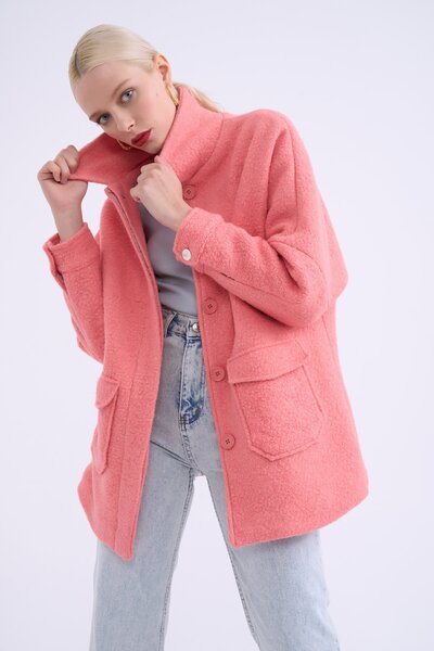 Sateen Cep Detaylı Buklet Kaban - Pudra