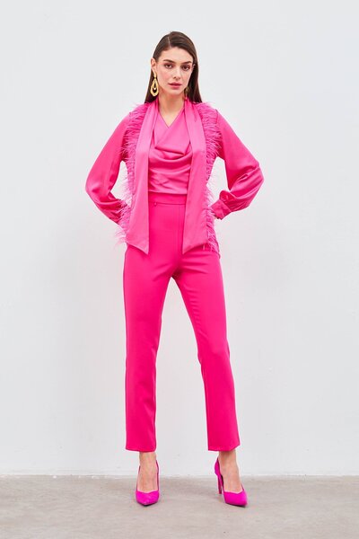 Sateen Tüy Detaylı Bluz - Fuşya