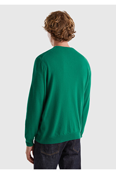 United Colors of Benetton Ανδρικό πράσινο πουλόβερ με λαιμόκοψη 100% Merino