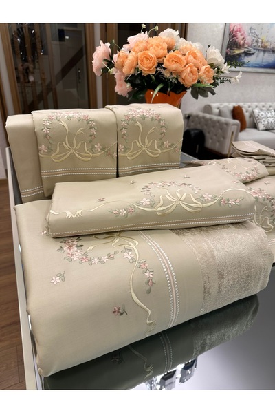 incisecrethome 100% Cotton Satin Embroidered Bedspread Set - Double Size / 7 Pieces / Elegant Dowry Set.