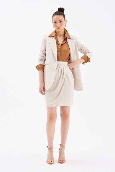 Sateen Düğme Detaylı Saten Krep Etek - Taş