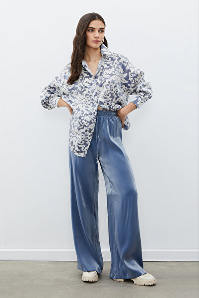 Sateen Desenli Uzun Gömlek - İNDİGO
