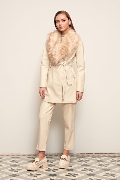 Sateen Δερμάτινο παντελόνι με πλισέ - Πέτρα