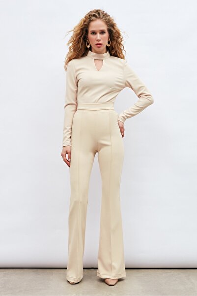 Sateen Beige Flare Leg Trousers