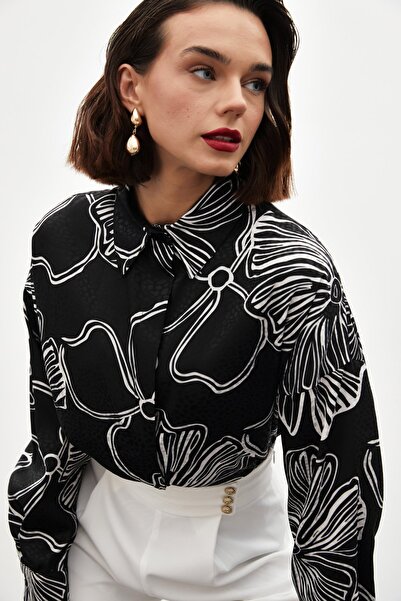 Sateen Desenli Uzun Gömlek - SİYAH