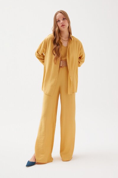 Sateen Λινό παντελόνι με σχισμή - κίτρινο