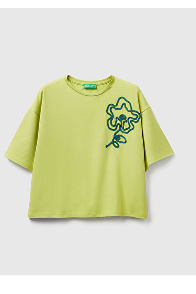 United Colors of Benetton Γυναικείο ανοιχτό πράσινο μπλουζάκι από βαμβακερό μείγμα με λουλουδάτο απλικέ