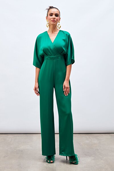 Sateen Double-Breasted Casual Jumpsuit - Emerald