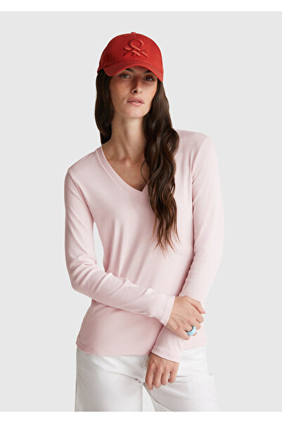 United Colors of Benetton Tricou de bază roz deschis pentru femei, cu decolte...