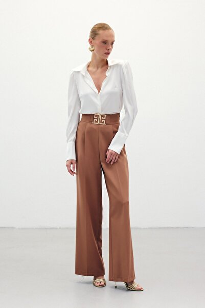 Sateen Παντελόνι Loose Leg με Αξεσουάρ μέσης - Camel