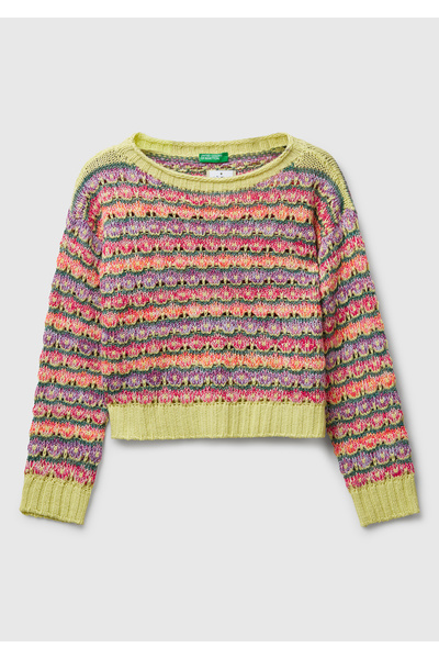 United Colors of Benetton Pulover crop cu cusături mixte multicolore pentru fete, 100% acril