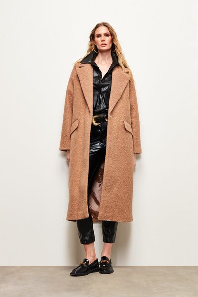 Sateen Uzun Buklet Kaban - Camel