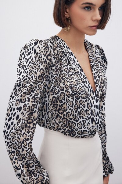 Sateen Leopar Desenli Bodysuit - SİYAH