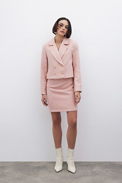 Sateen Simli Kısa Tüvit Ceket - Pudra