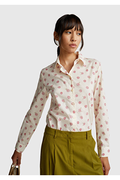 United Colors of Benetton Women's Ecru 100% Cotton Patterned Regular Fit Shirt