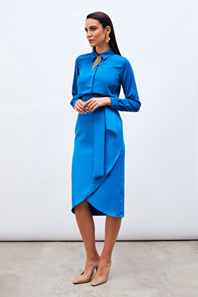 Sateen Belted Pencil Skirt - Sax Blue