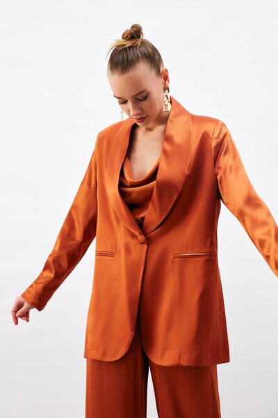 Sateen Şal Yaka Saten Ceket - Oranj