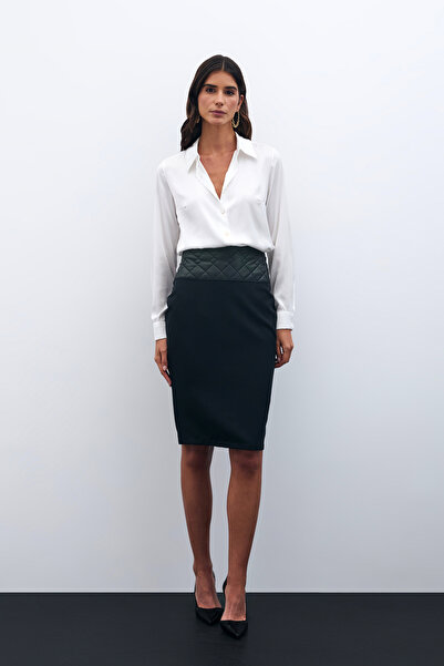 Sateen Kapitone Deri Detaylı Kalem Etek - SİYAH