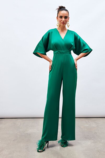 Sateen Double-Breasted Casual Jumpsuit - Emerald