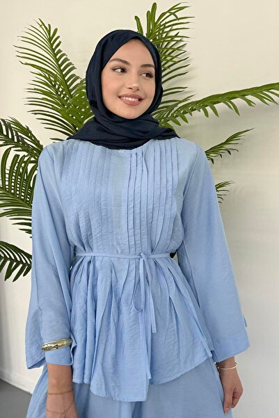 Hatun Atila Ribbed Lace Detailed Blouse and Flowing Skirt Two-Piece Set 8043 - Blue