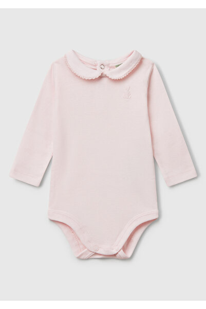 United Colors of Benetton Bebek Pembe Önü Logo İşlemeli Çıtçıtlı Bebek Yaka Uzun Kollu Body
